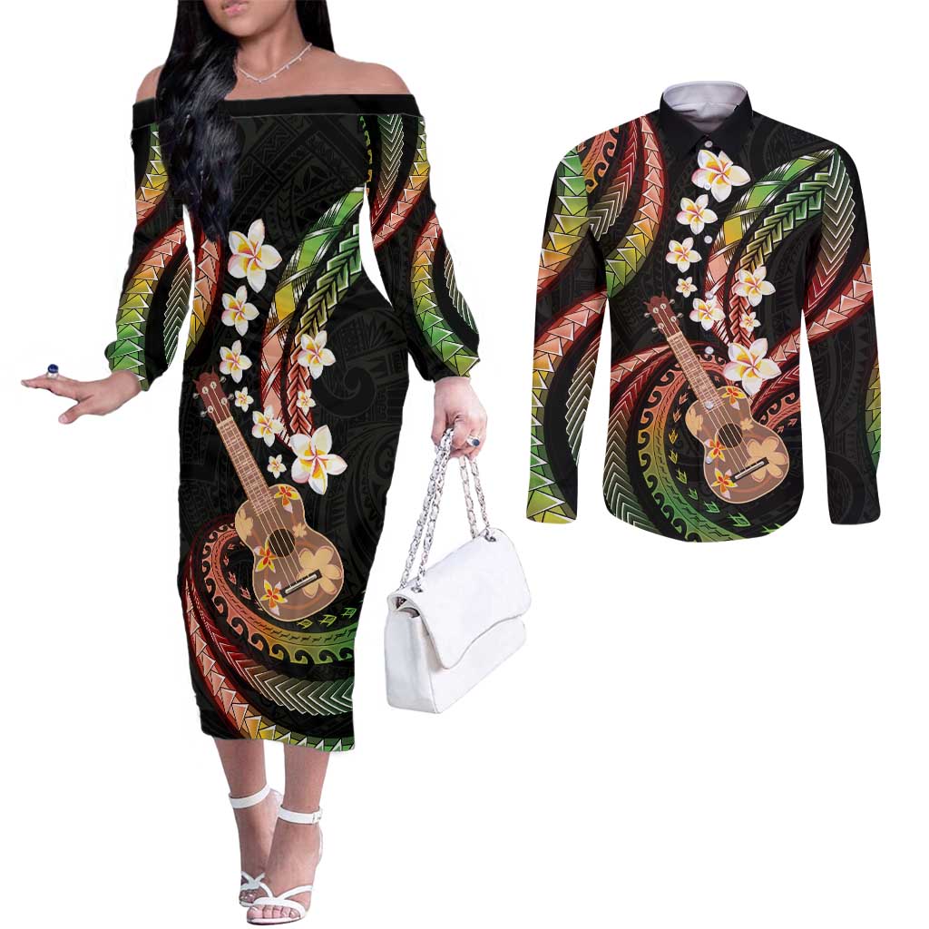Hawaiian Ukulele Couples Matching Off The Shoulder Long Sleeve Dress and Long Sleeve Button Shirt Jawaiian Fantastic Plumeria