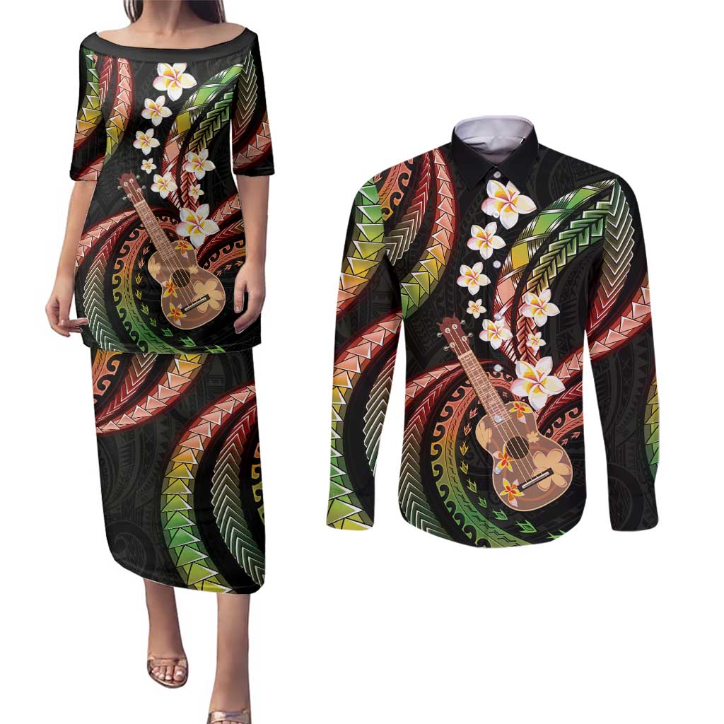 Hawaiian Ukulele Couples Matching Puletasi and Long Sleeve Button Shirt Jawaiian Fantastic Plumeria