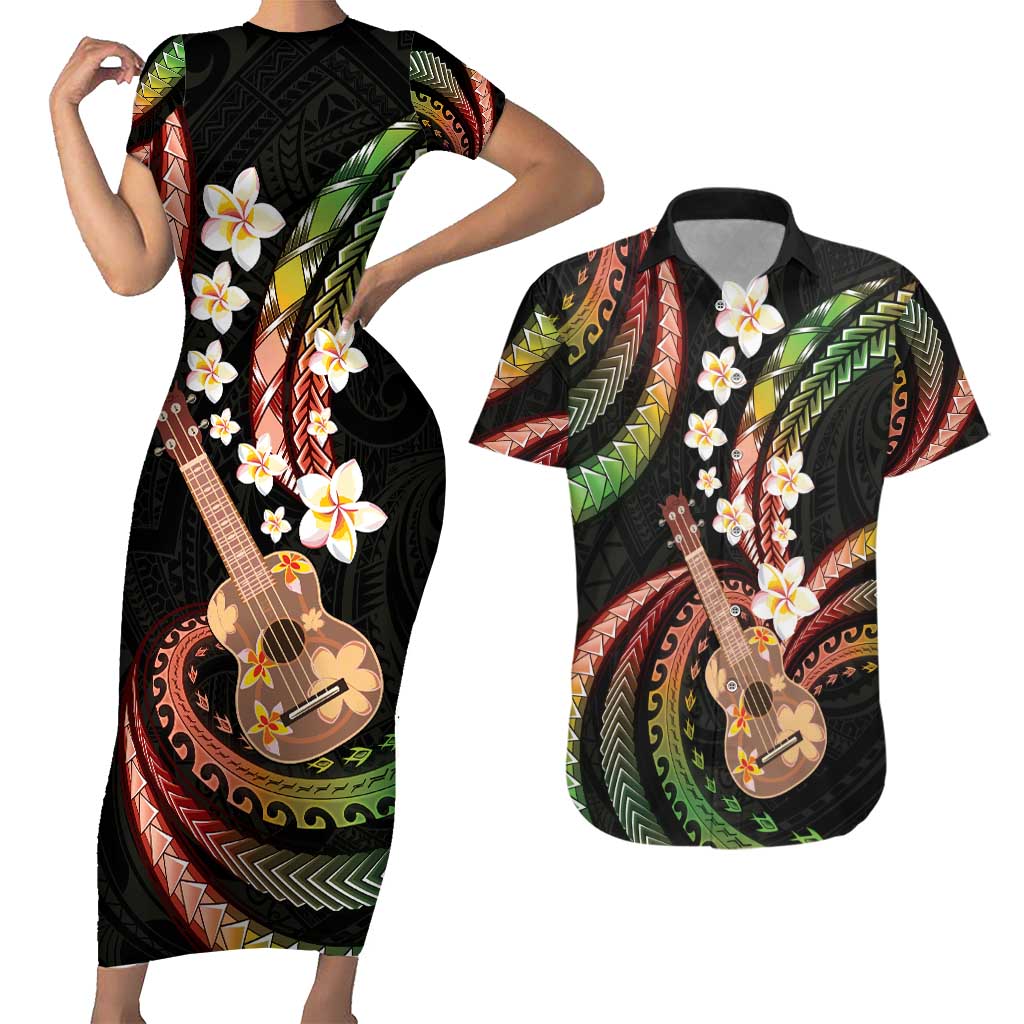 Hawaiian Ukulele Couples Matching Short Sleeve Bodycon Dress and Hawaiian Shirt Jawaiian Fantastic Plumeria