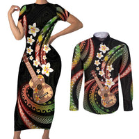 Hawaiian Ukulele Couples Matching Short Sleeve Bodycon Dress and Long Sleeve Button Shirt Jawaiian Fantastic Plumeria