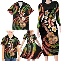 Hawaiian Ukulele Family Matching Long Sleeve Bodycon Dress and Hawaiian Shirt Jawaiian Fantastic Plumeria