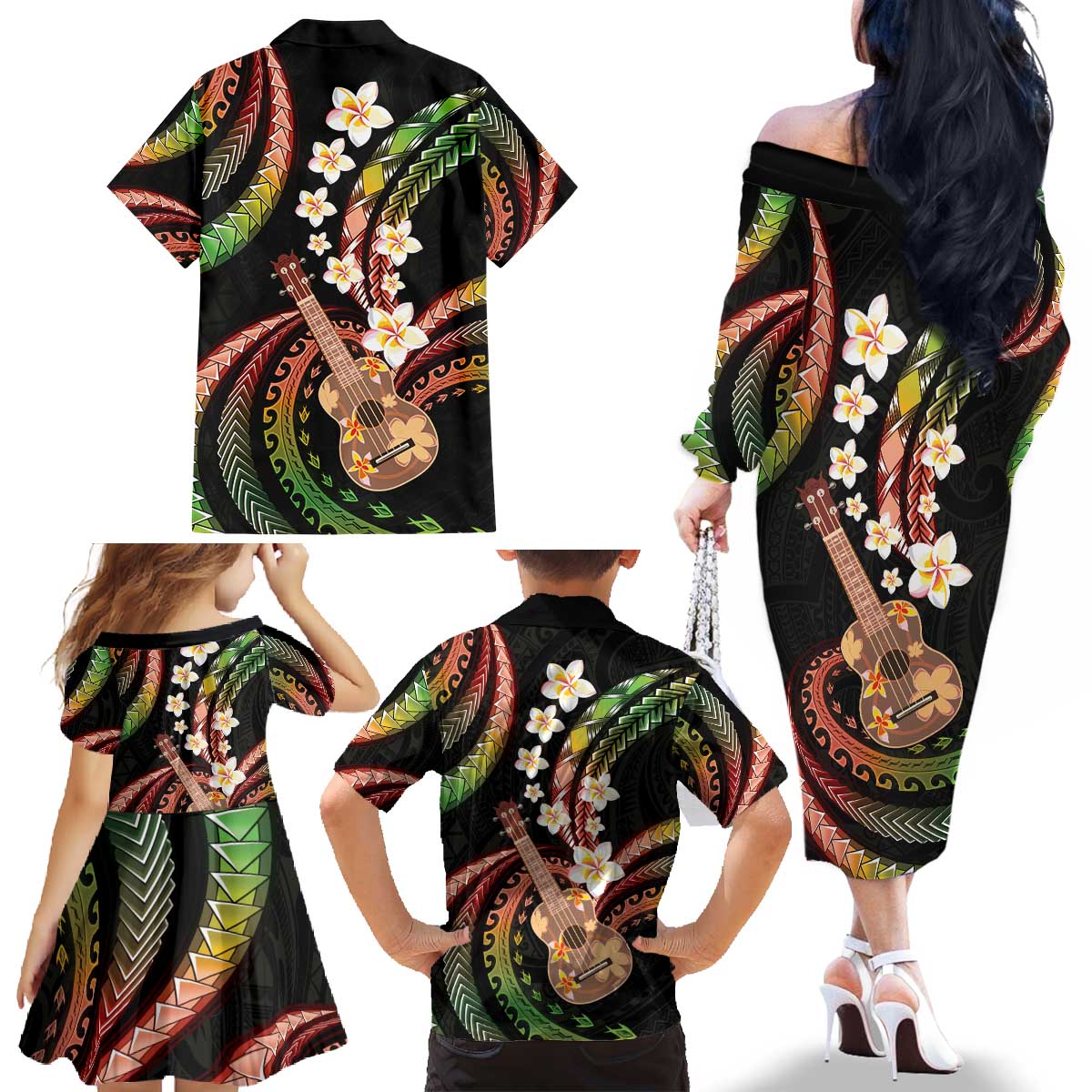 Hawaiian Ukulele Family Matching Off The Shoulder Long Sleeve Dress and Hawaiian Shirt Jawaiian Fantastic Plumeria