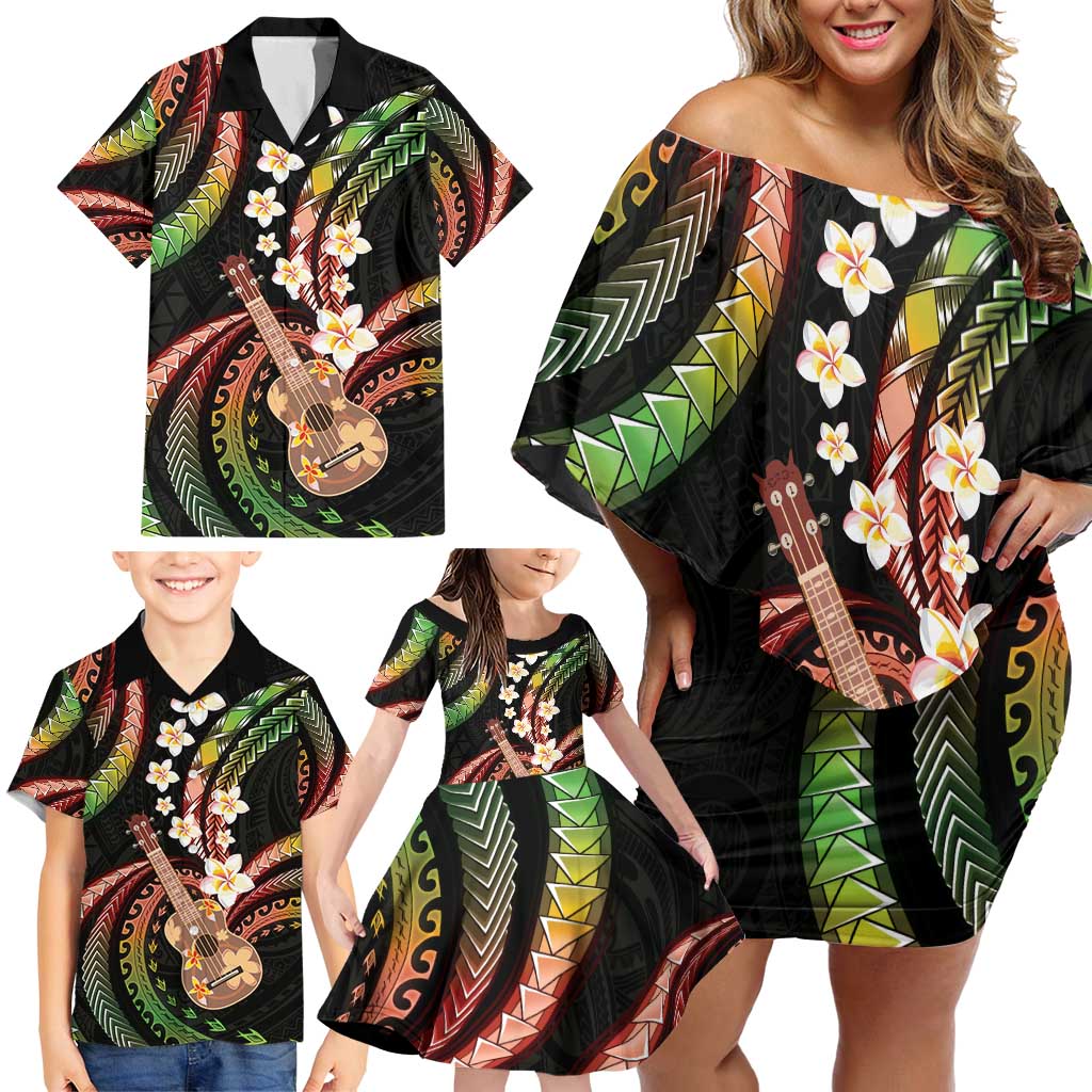 Hawaiian Ukulele Family Matching Off Shoulder Short Dress and Hawaiian Shirt Jawaiian Fantastic Plumeria