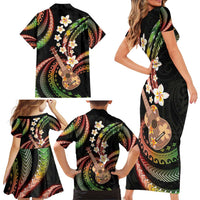 Hawaiian Ukulele Family Matching Short Sleeve Bodycon Dress and Hawaiian Shirt Jawaiian Fantastic Plumeria