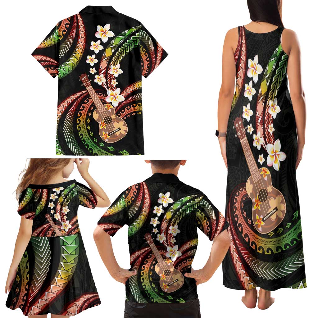 Hawaiian Ukulele Family Matching Tank Maxi Dress and Hawaiian Shirt Jawaiian Fantastic Plumeria