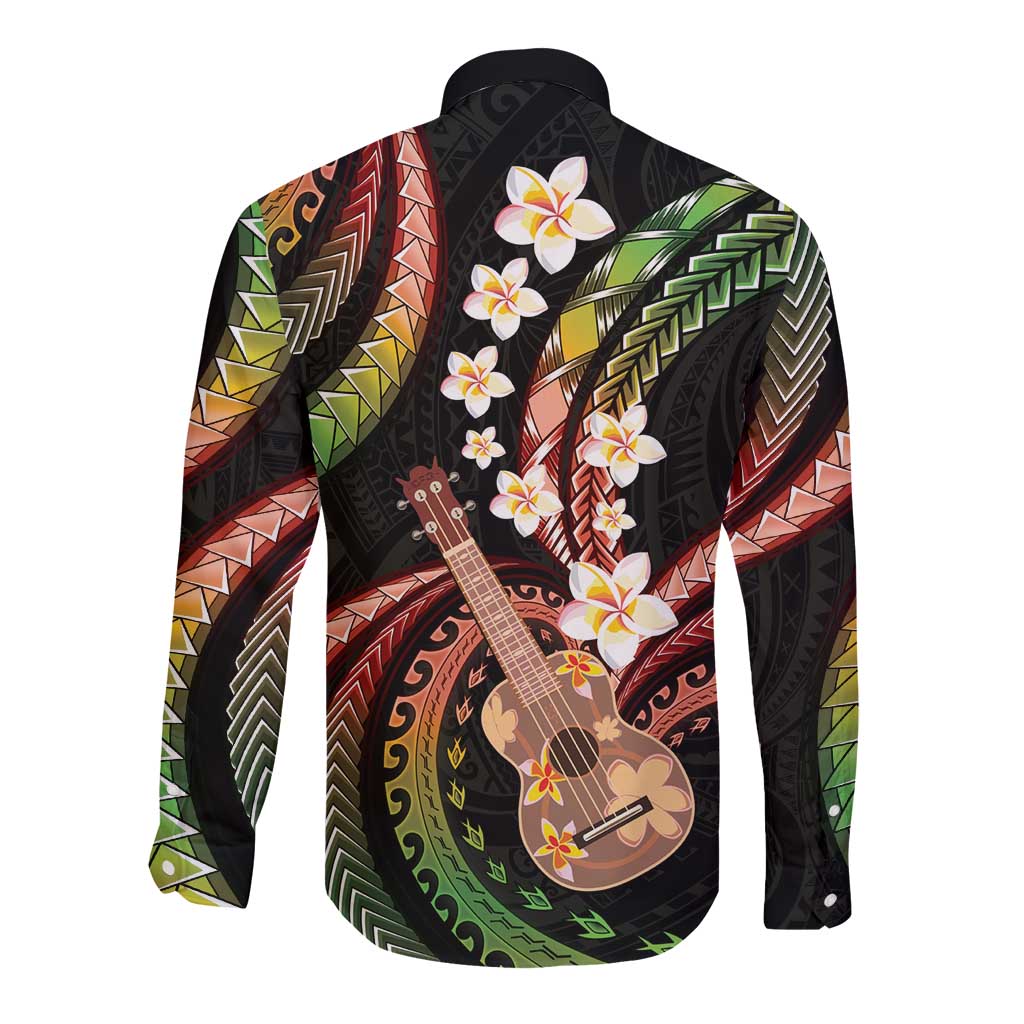 Hawaiian Ukulele Long Sleeve Button Shirt Jawaiian Fantastic Plumeria