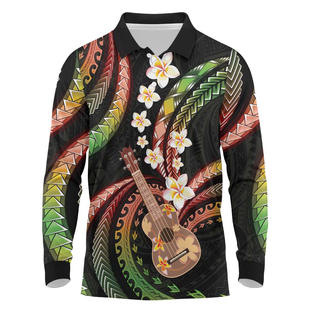 Hawaiian Ukulele Long Sleeve Polo Shirt Jawaiian Fantastic Plumeria