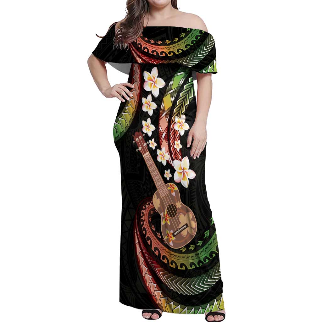 Hawaiian Ukulele Off Shoulder Maxi Dress Jawaiian Fantastic Plumeria