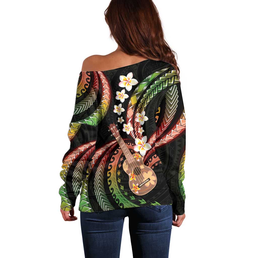 Hawaiian Ukulele Off Shoulder Sweater Jawaiian Fantastic Plumeria