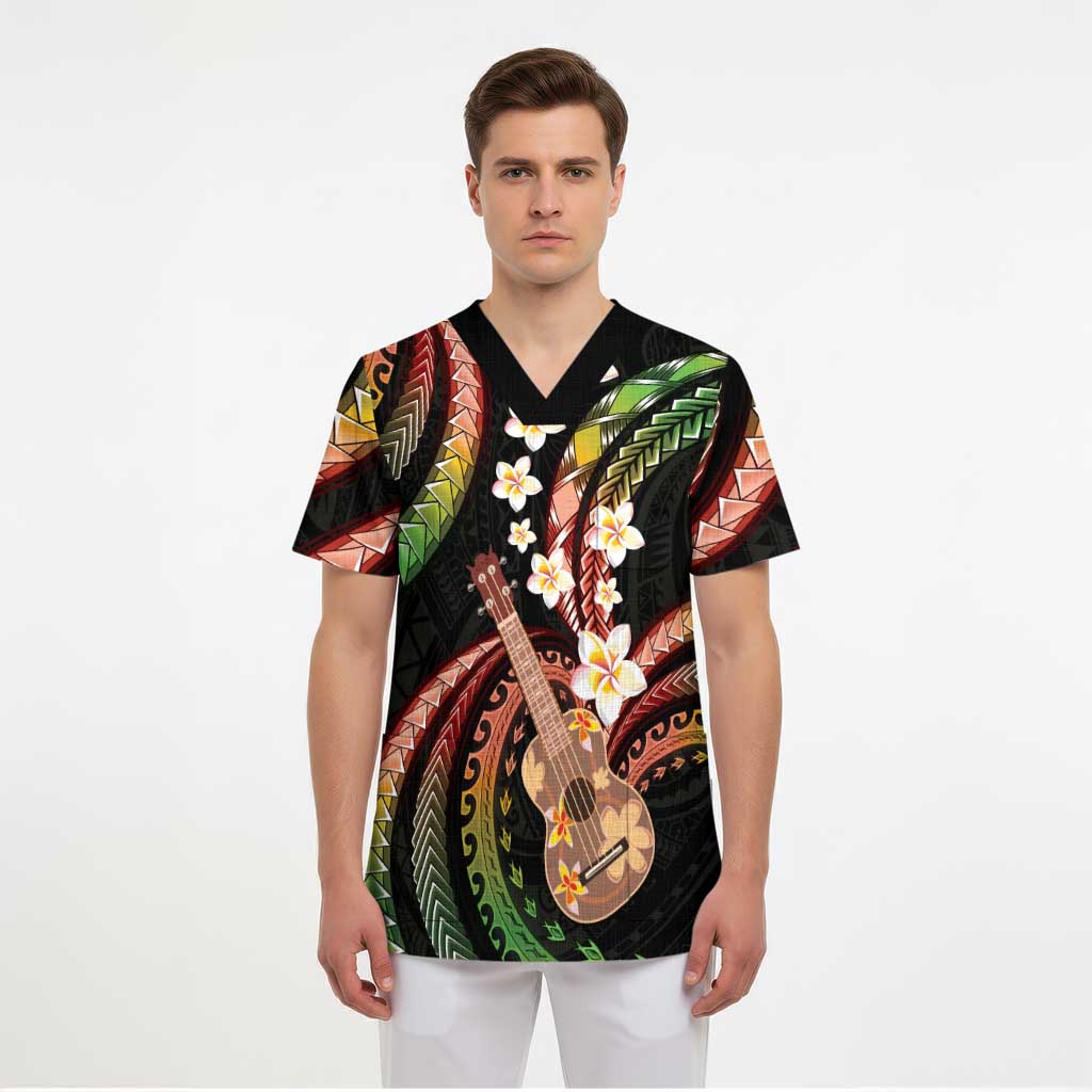 Hawaiian Ukulele Scrub Top Jawaiian Fantastic Plumeria - Polynesian Pride