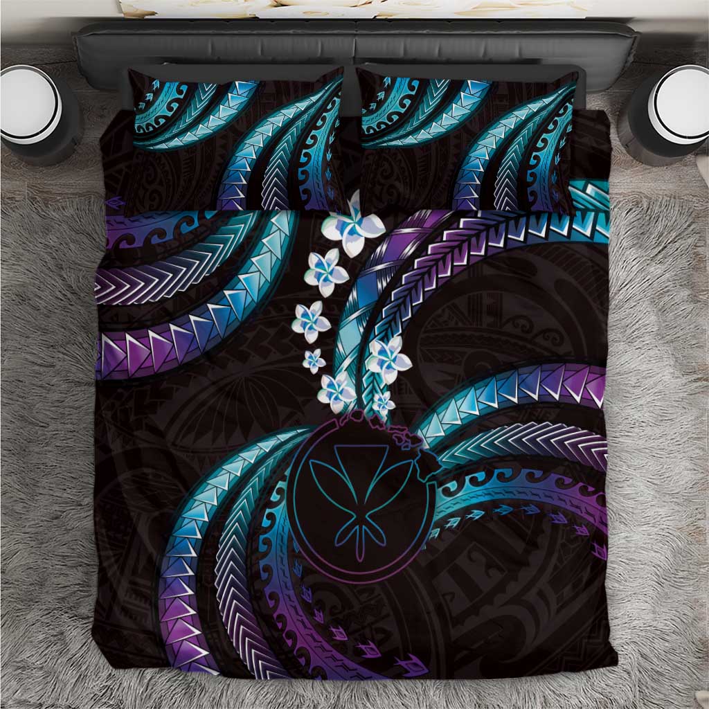 Hawaii Map Kanaka Maoli Bedding Set Fantastic Frangipani Amethyst Gradient