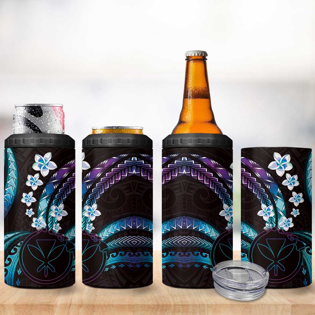 Hawaii Map Kanaka Maoli 4 in 1 Can Cooler Tumbler Fantastic Frangipani Amethyst Gradient