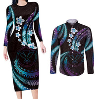 Hawaii Map Kanaka Maoli Couples Matching Long Sleeve Bodycon Dress and Long Sleeve Button Shirt Fantastic Frangipani Amethyst Gradient