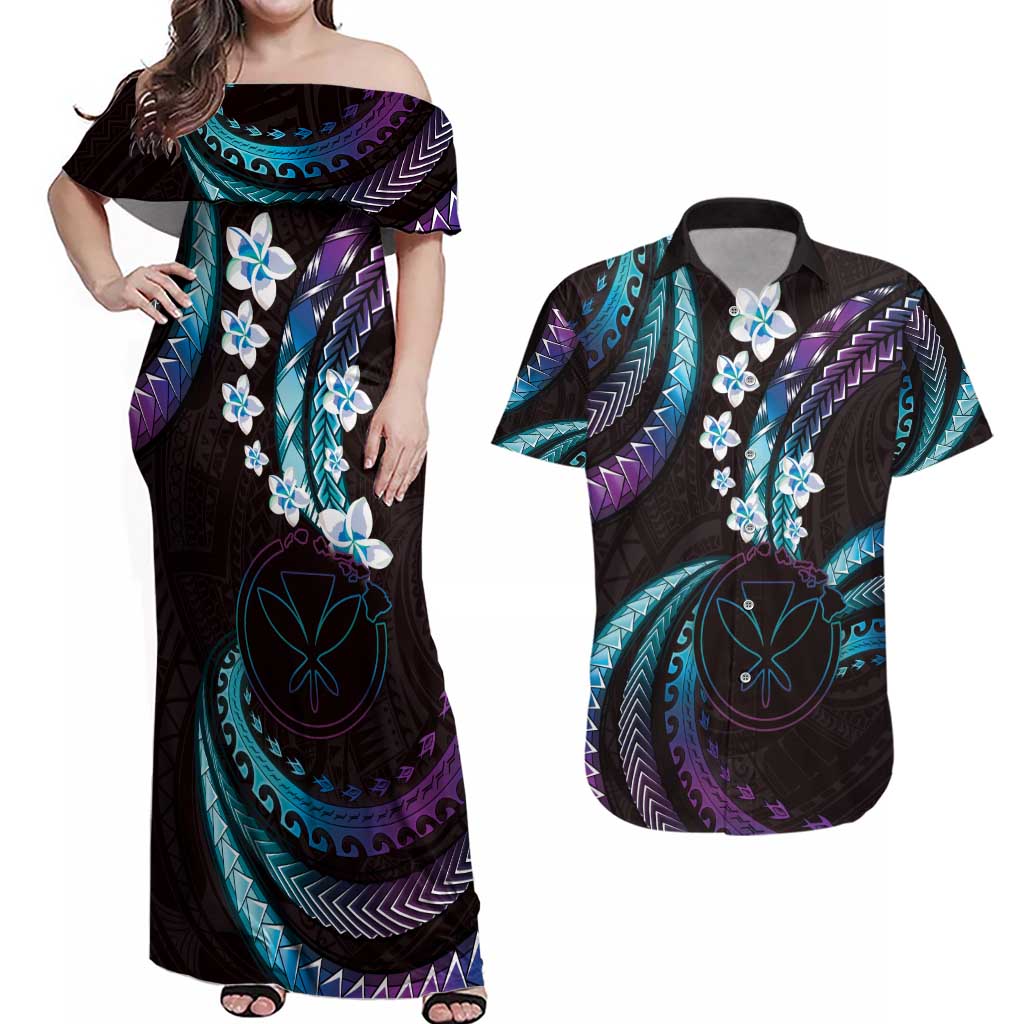 Hawaii Map Kanaka Maoli Couples Matching Off Shoulder Maxi Dress and Hawaiian Shirt Fantastic Frangipani Amethyst Gradient