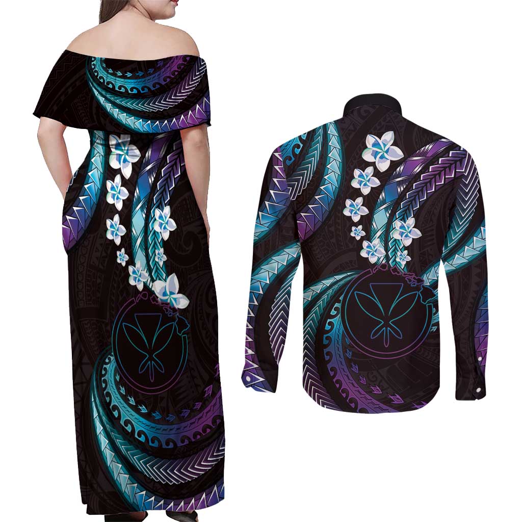 Hawaii Map Kanaka Maoli Couples Matching Off Shoulder Maxi Dress and Long Sleeve Button Shirt Fantastic Frangipani Amethyst Gradient