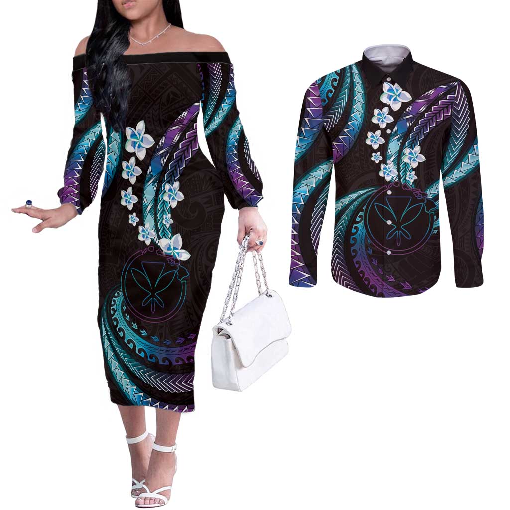 Hawaii Map Kanaka Maoli Couples Matching Off The Shoulder Long Sleeve Dress and Long Sleeve Button Shirt Fantastic Frangipani Amethyst Gradient
