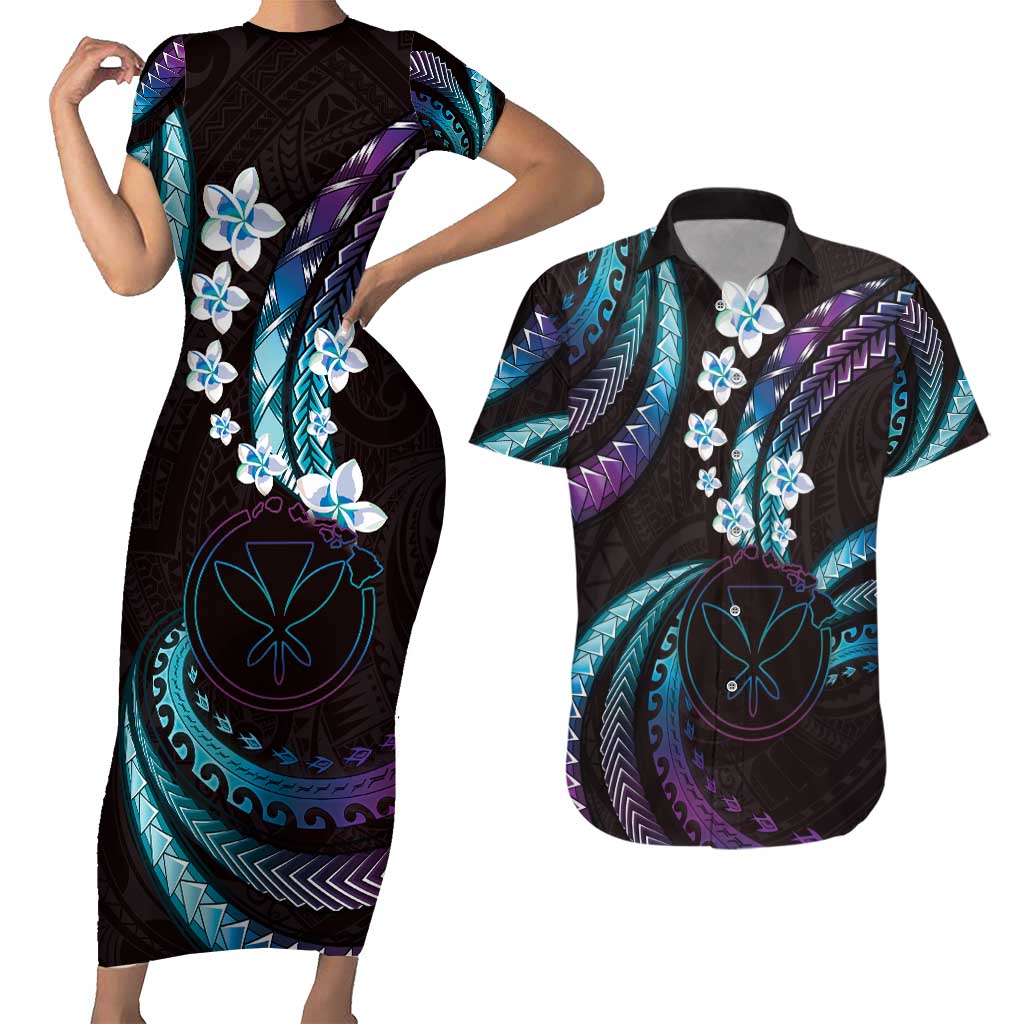 Hawaii Map Kanaka Maoli Couples Matching Short Sleeve Bodycon Dress and Hawaiian Shirt Fantastic Frangipani Amethyst Gradient