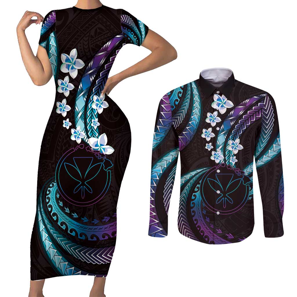 Hawaii Map Kanaka Maoli Couples Matching Short Sleeve Bodycon Dress and Long Sleeve Button Shirt Fantastic Frangipani Amethyst Gradient