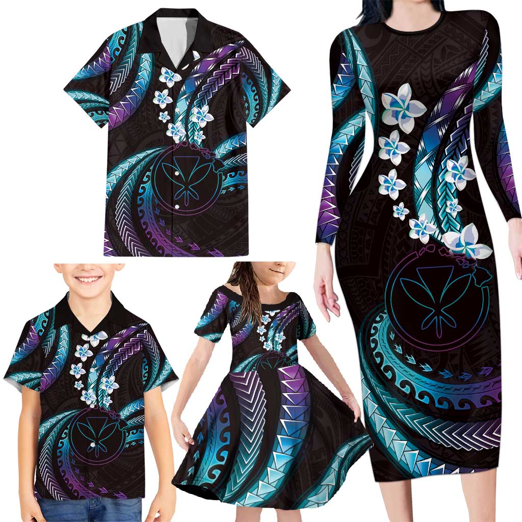 Hawaii Map Kanaka Maoli Family Matching Long Sleeve Bodycon Dress and Hawaiian Shirt Fantastic Frangipani Amethyst Gradient