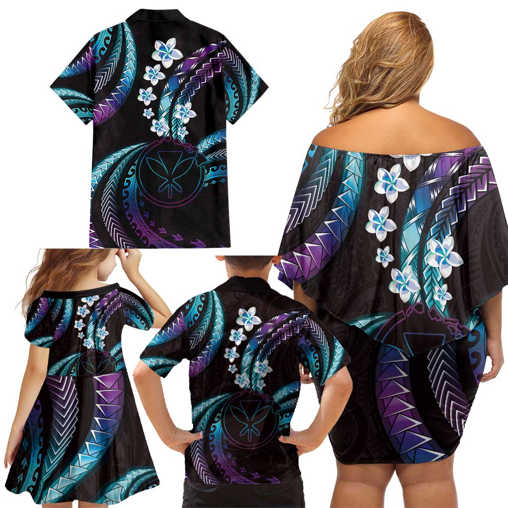 Hawaii Map Kanaka Maoli Family Matching Off Shoulder Short Dress and Hawaiian Shirt Fantastic Frangipani Amethyst Gradient