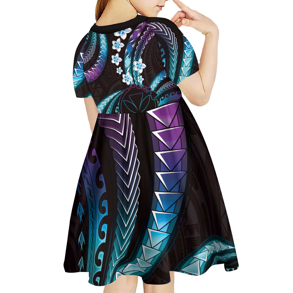 Hawaii Map Kanaka Maoli Kid Short Sleeve Dress Fantastic Frangipani Amethyst Gradient