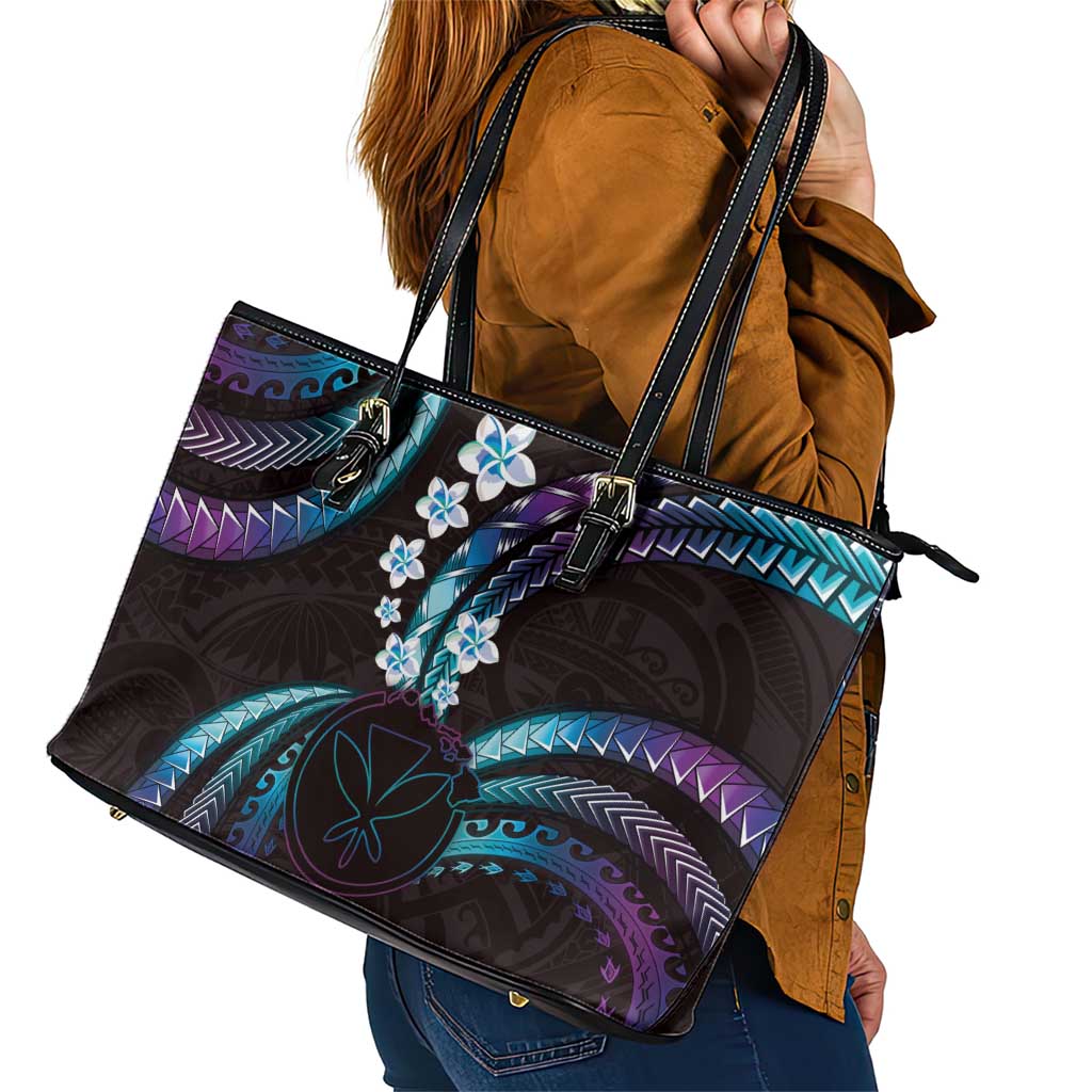 Hawaii Map Kanaka Maoli Leather Tote Bag Fantastic Frangipani Amethyst Gradient