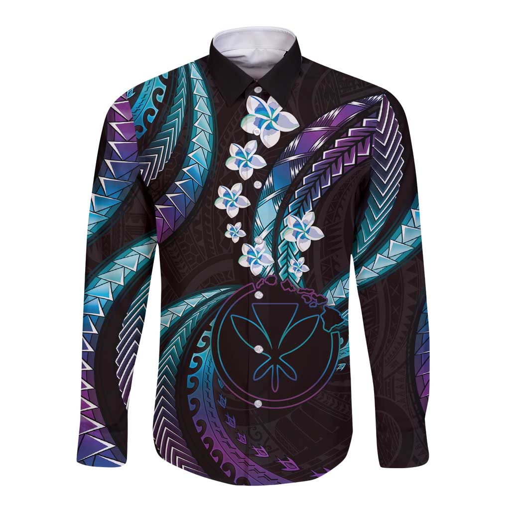Hawaii Map Kanaka Maoli Long Sleeve Button Shirt Fantastic Frangipani Amethyst Gradient