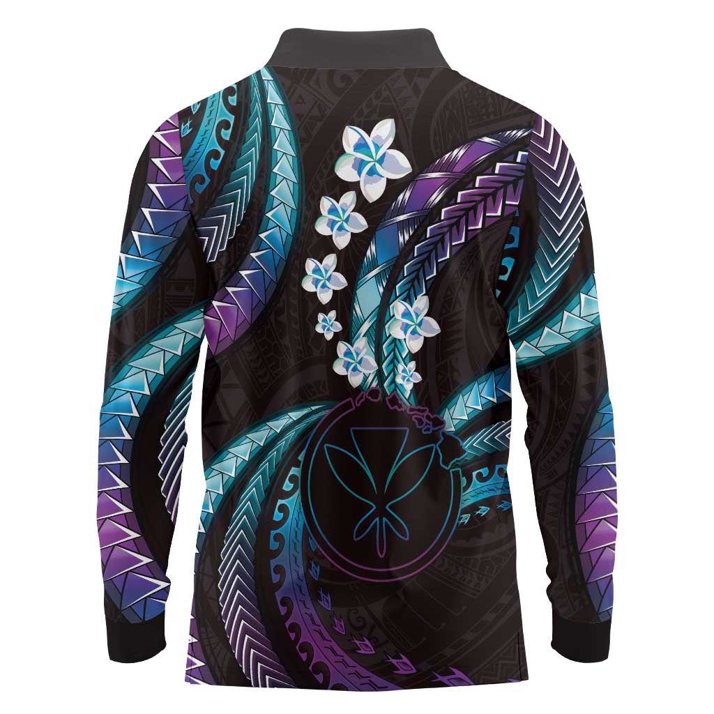 Hawaii Map Kanaka Maoli Long Sleeve Polo Shirt Fantastic Frangipani Amethyst Gradient