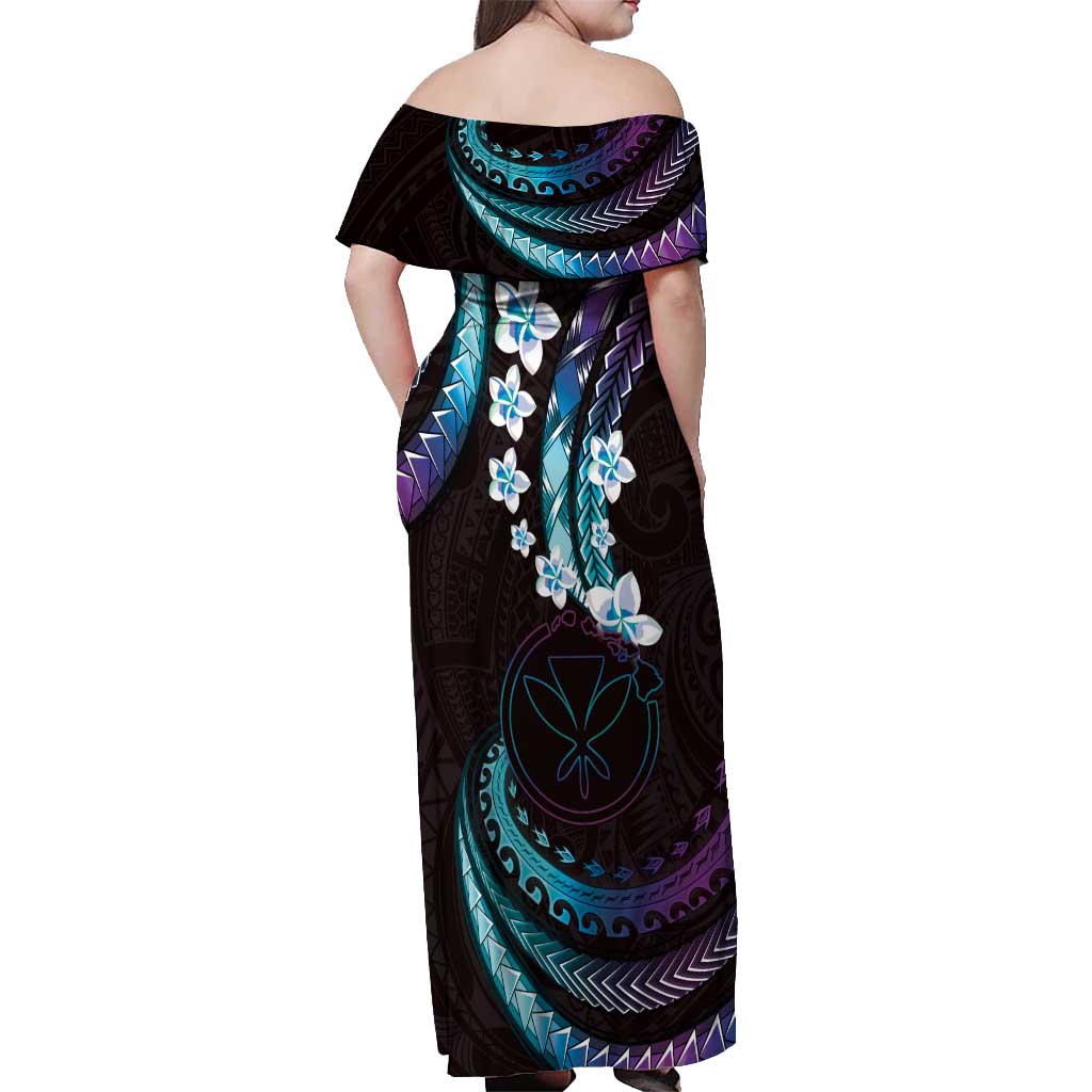 Hawaii Map Kanaka Maoli Off Shoulder Maxi Dress Fantastic Frangipani Amethyst Gradient