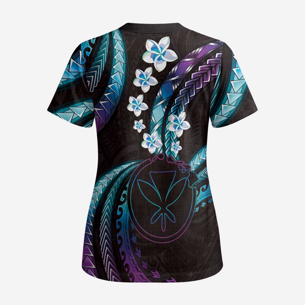 Hawaii Map Kanaka Maoli Scrub Top Fantastic Frangipani Amethyst Gradient - Polynesian Pride