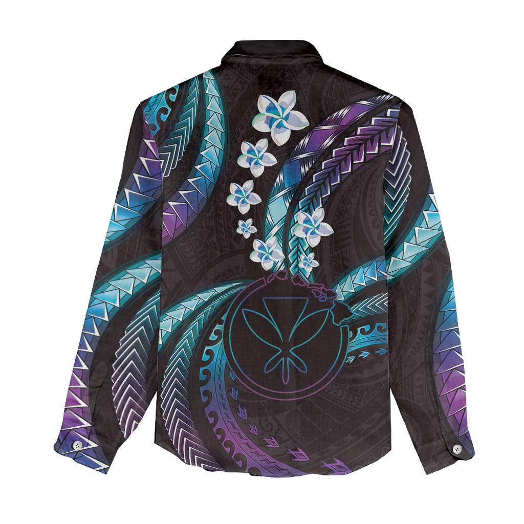 Hawaii Map Kanaka Maoli Women Casual Shirt Fantastic Frangipani Amethyst Gradient