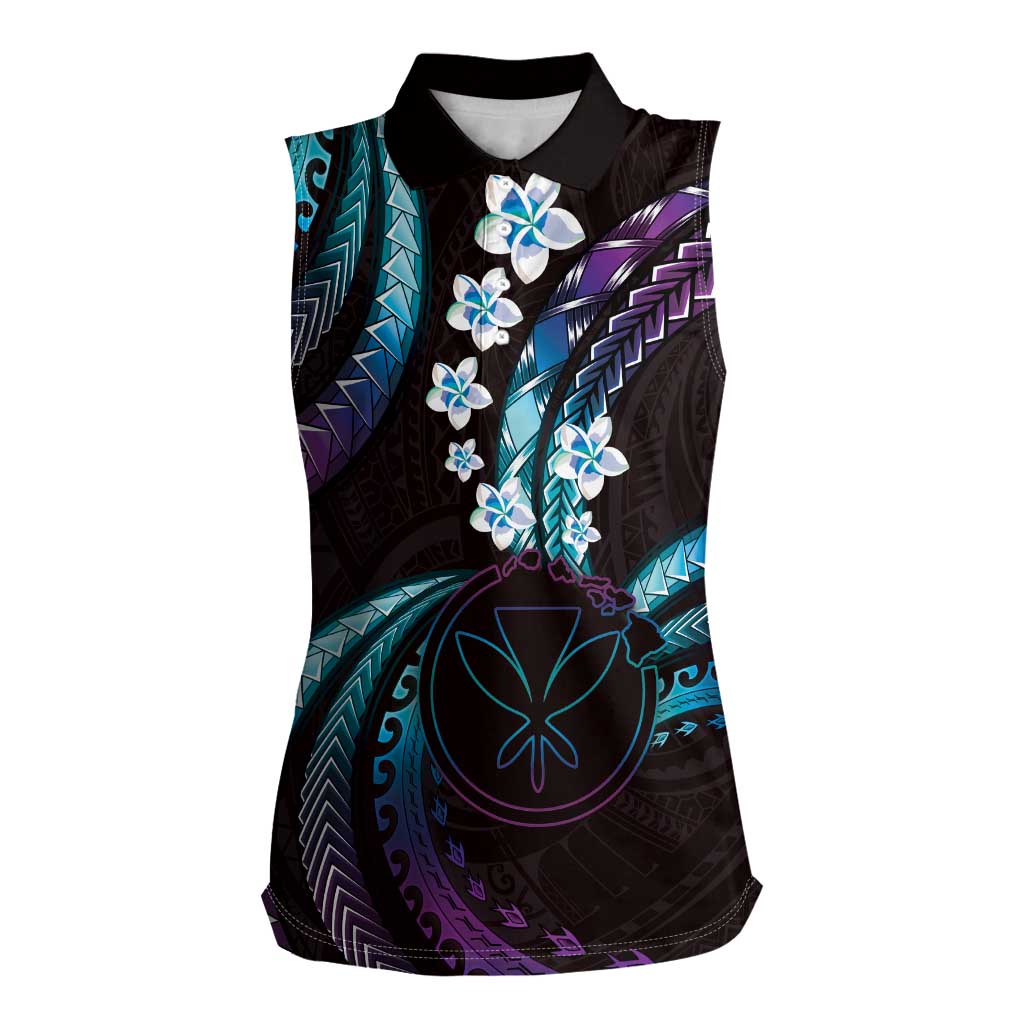 Hawaii Map Kanaka Maoli Women Sleeveless Polo Shirt Fantastic Frangipani Amethyst Gradient