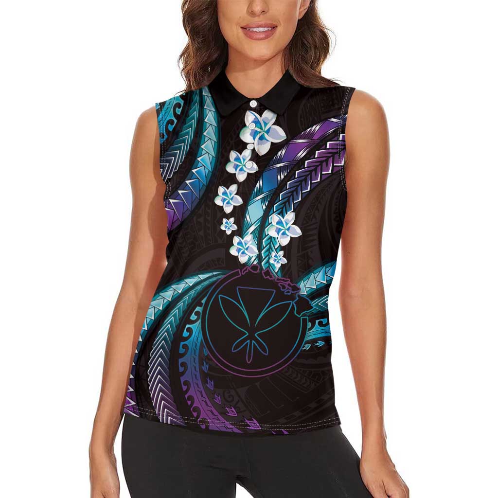 Hawaii Map Kanaka Maoli Women Sleeveless Polo Shirt Fantastic Frangipani Amethyst Gradient