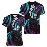 Hawaii Map Kanaka Maoli Women V-Neck T-Shirt Fantastic Frangipani Amethyst Gradient