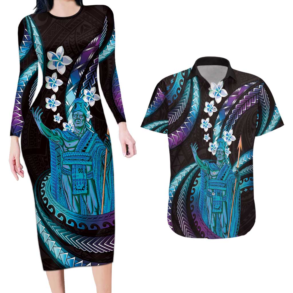 Hawaii King Kamehameha Couples Matching Long Sleeve Bodycon Dress and Hawaiian Shirt Fantastic Plumeria Amethyst Gradient