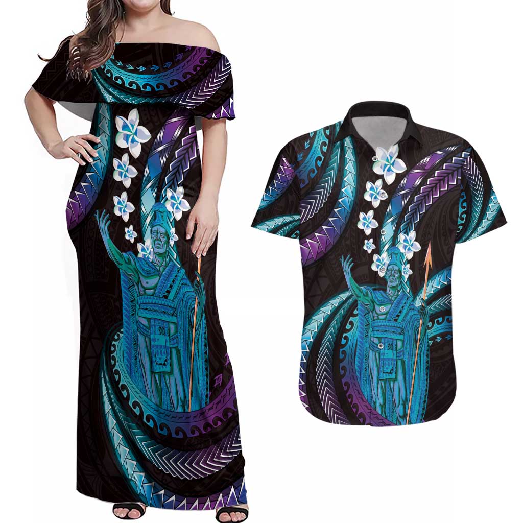 Hawaii King Kamehameha Couples Matching Off Shoulder Maxi Dress and Hawaiian Shirt Fantastic Plumeria Amethyst Gradient