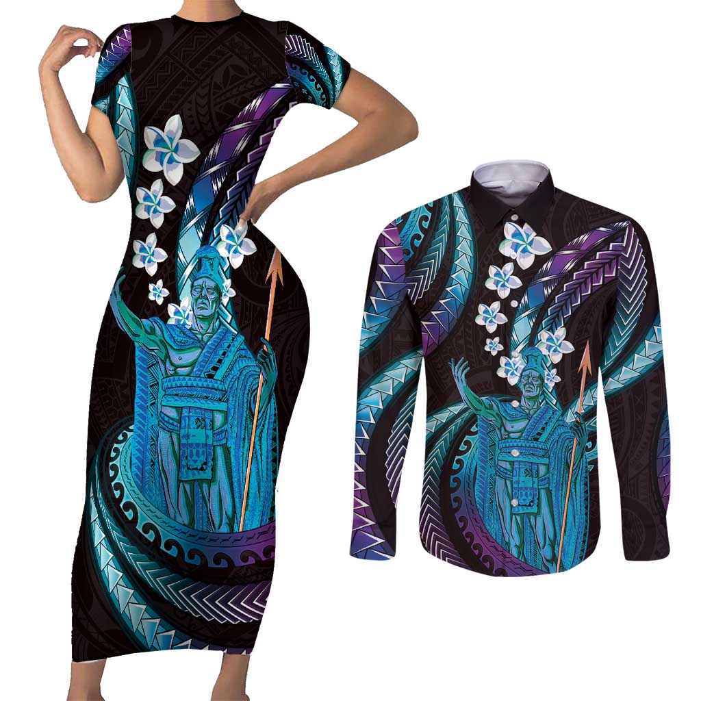 Hawaii King Kamehameha Couples Matching Short Sleeve Bodycon Dress and Long Sleeve Button Shirt Fantastic Plumeria Amethyst Gradient