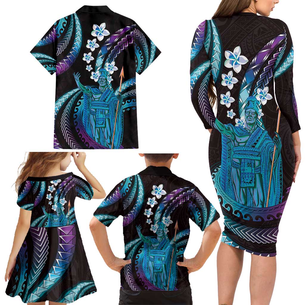 Hawaii King Kamehameha Family Matching Long Sleeve Bodycon Dress and Hawaiian Shirt Fantastic Plumeria Amethyst Gradient