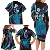 Hawaii King Kamehameha Family Matching Long Sleeve Bodycon Dress and Hawaiian Shirt Fantastic Plumeria Amethyst Gradient