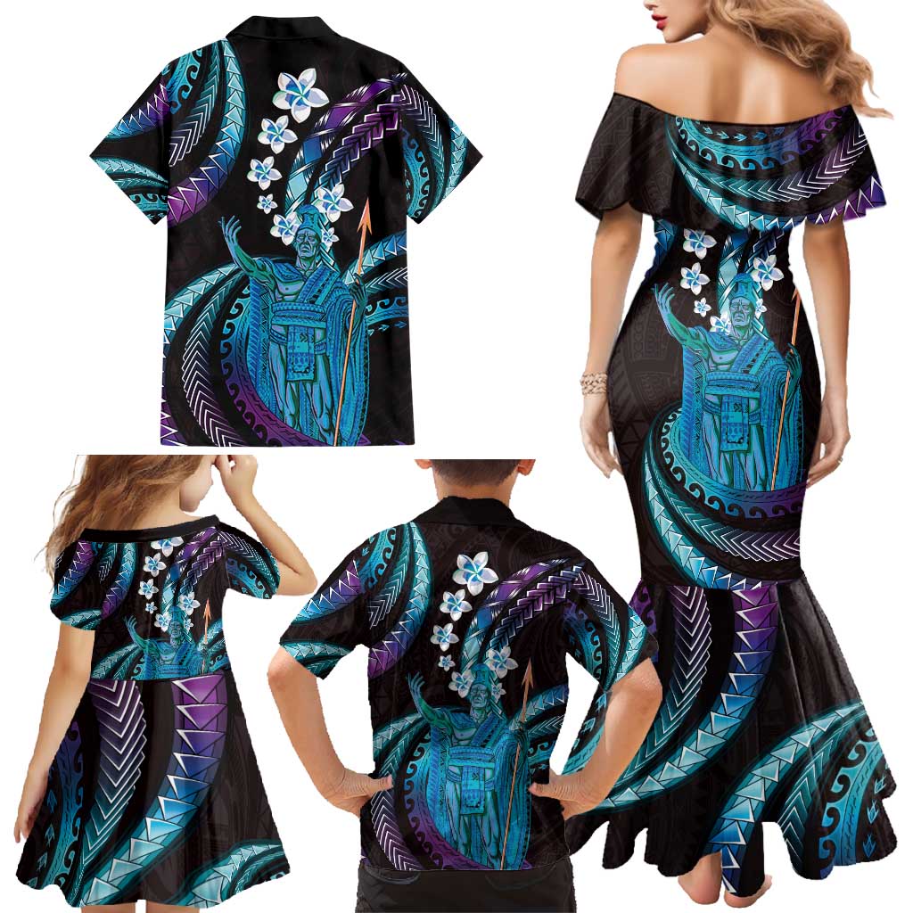 Hawaii King Kamehameha Family Matching Mermaid Dress and Hawaiian Shirt Fantastic Plumeria Amethyst Gradient