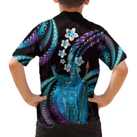 Hawaii King Kamehameha Family Matching Off The Shoulder Long Sleeve Dress and Hawaiian Shirt Fantastic Plumeria Amethyst Gradient