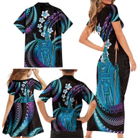 Hawaii King Kamehameha Family Matching Short Sleeve Bodycon Dress and Hawaiian Shirt Fantastic Plumeria Amethyst Gradient