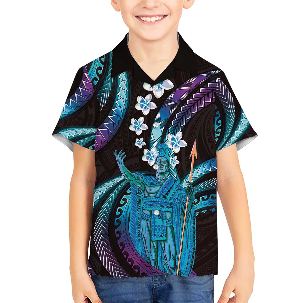 Hawaii King Kamehameha Family Matching Short Sleeve Bodycon Dress and Hawaiian Shirt Fantastic Plumeria Amethyst Gradient