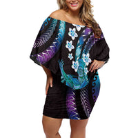 Hawaii King Kamehameha Off Shoulder Short Dress Fantastic Plumeria Amethyst Gradient