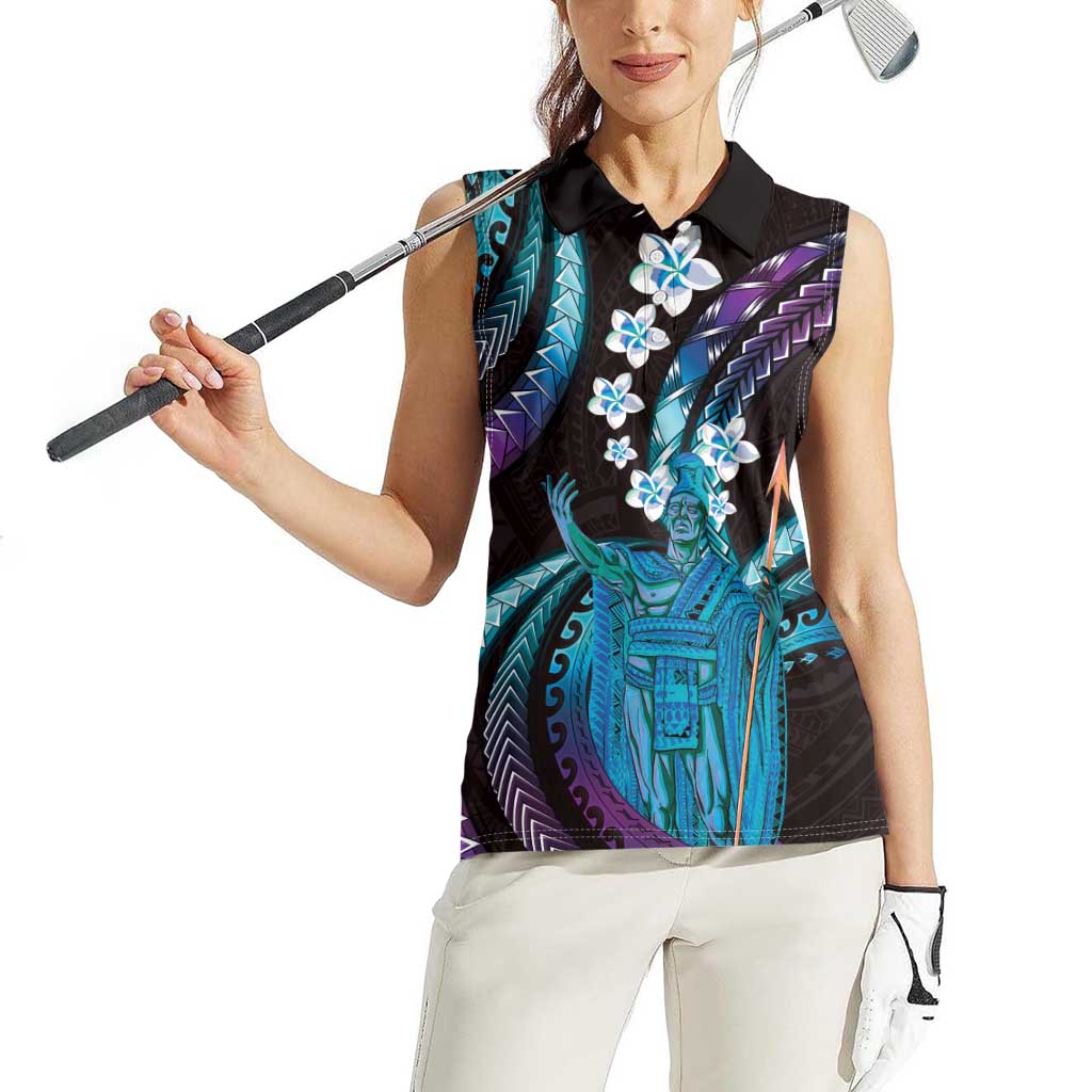 Hawaii King Kamehameha Women Sleeveless Polo Shirt Fantastic Plumeria Amethyst Gradient