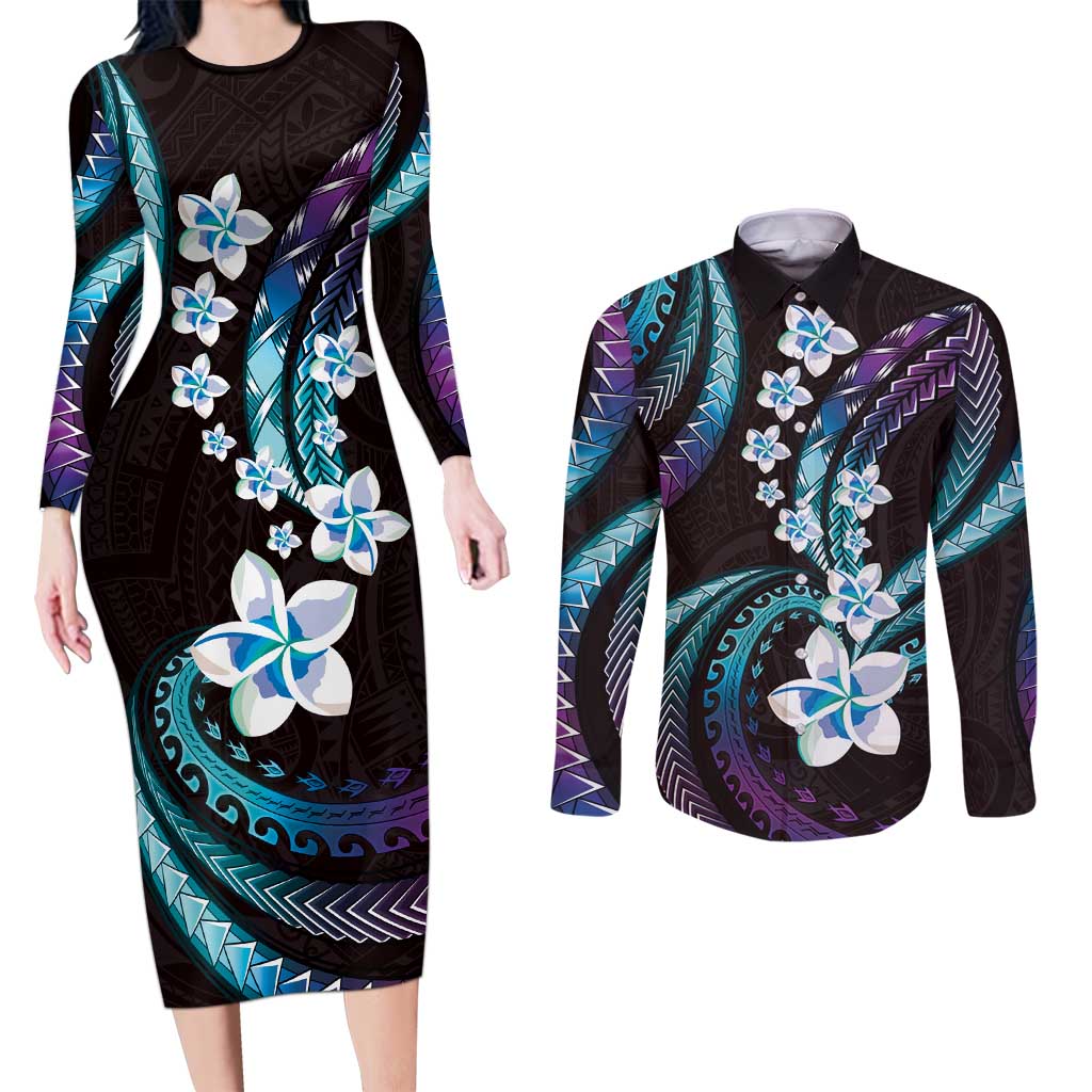 Hawaii Plumeria Couples Matching Long Sleeve Bodycon Dress and Long Sleeve Button Shirt Amethyst Gradient Polynesian Pattern