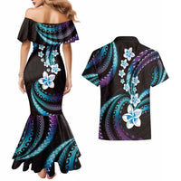 Hawaii Plumeria Couples Matching Mermaid Dress and Hawaiian Shirt Amethyst Gradient Polynesian Pattern