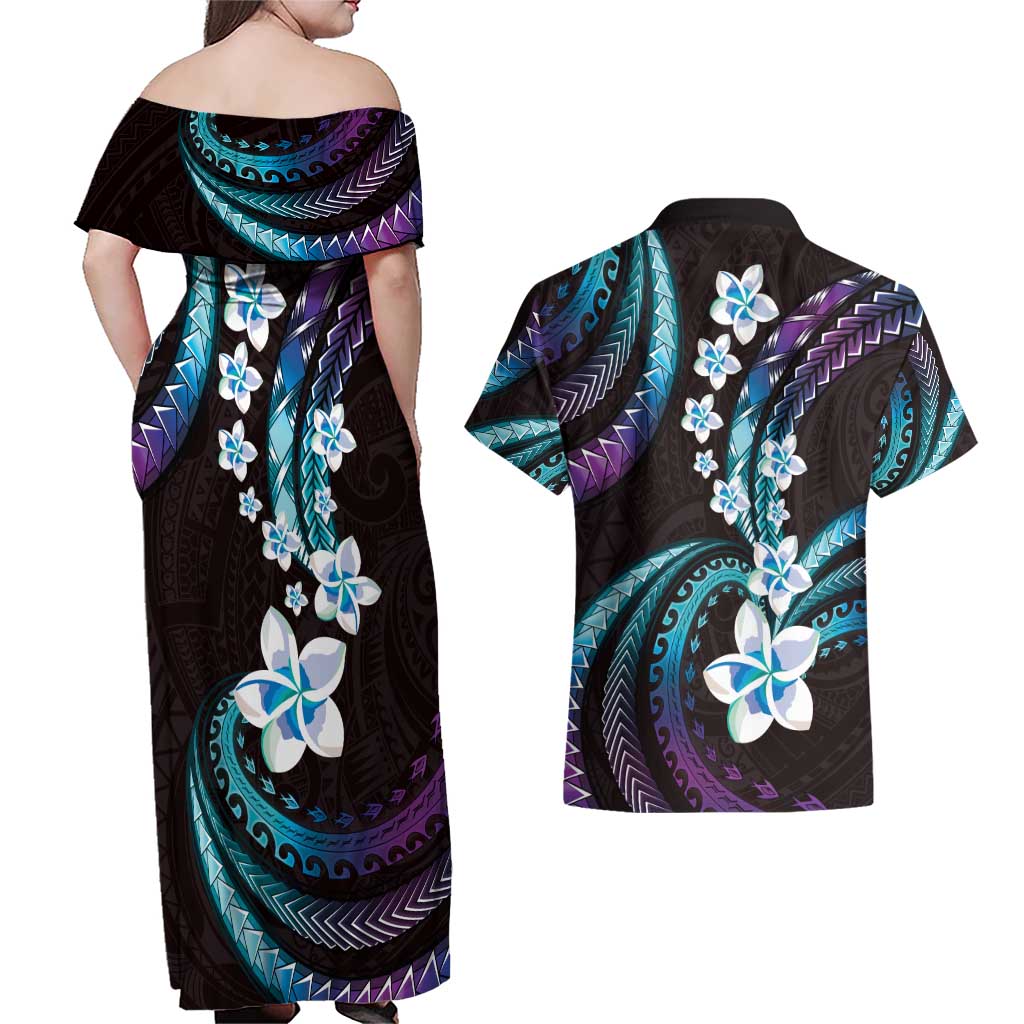 Hawaii Plumeria Couples Matching Off Shoulder Maxi Dress and Hawaiian Shirt Amethyst Gradient Polynesian Pattern