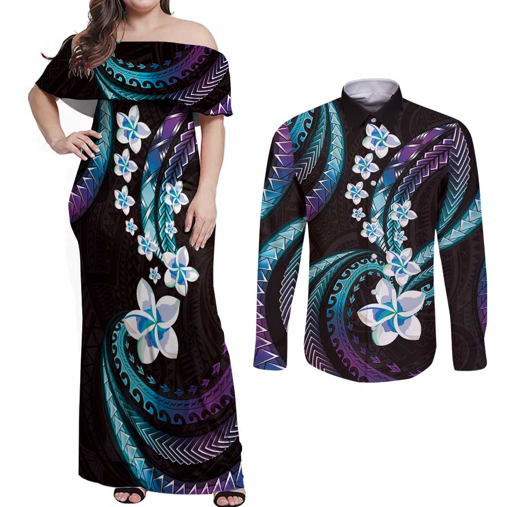 Hawaii Plumeria Couples Matching Off Shoulder Maxi Dress and Long Sleeve Button Shirt Amethyst Gradient Polynesian Pattern