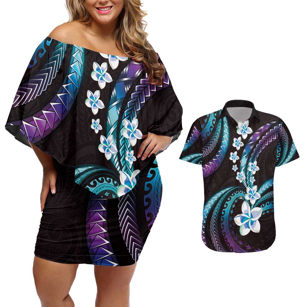 Hawaii Plumeria Couples Matching Off Shoulder Short Dress and Hawaiian Shirt Amethyst Gradient Polynesian Pattern
